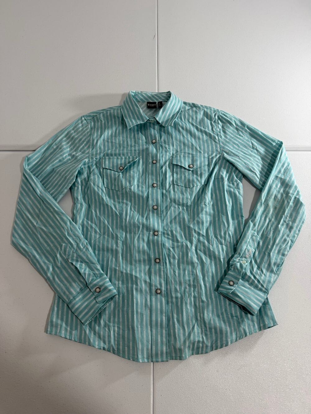 Cruel Denim Western Shirt Womens M Mint Striped Pearl Snap Long Sleeve